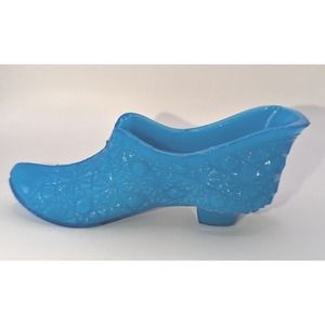 VINTAGE GLASS SHOE/SLIPPER~BLUE SLAG~BUTTON DAISY~5" X 2"